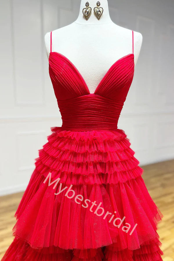 Red Charming V-neck Sleeveless Side slit A-line Long Prom Dress,PDS1120