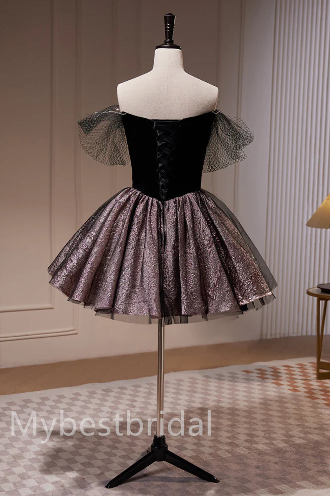 Black Off shoulder Sleeveless A-line Short Mini Homecoming Dress,  HDS0114