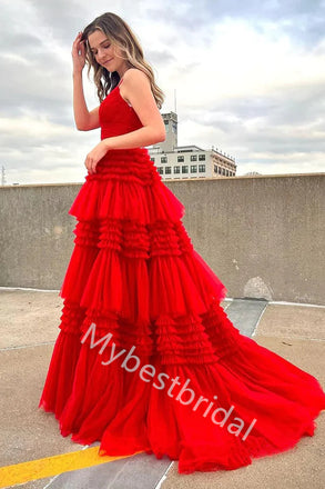 Red Charming V-neck Sleeveless Side slit A-line Long Prom Dress,PDS1120