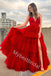 Red Charming V-neck Sleeveless Side slit A-line Long Prom Dress,PDS1120
