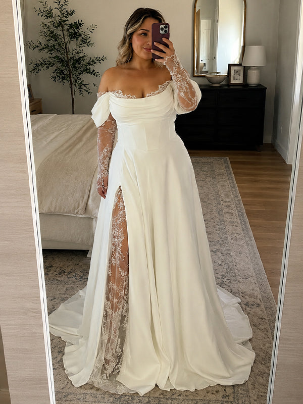 Sexy Off Shoulder Lace Sleeves A-line Floor Length Wedding Dresses, WD0360