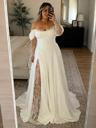 Sexy Off Shoulder Lace Sleeves A-line Floor Length Wedding Dresses, WD0360