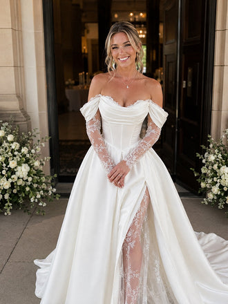 Sexy Off Shoulder Lace Sleeves A-line Floor Length Wedding Dresses, WD0360