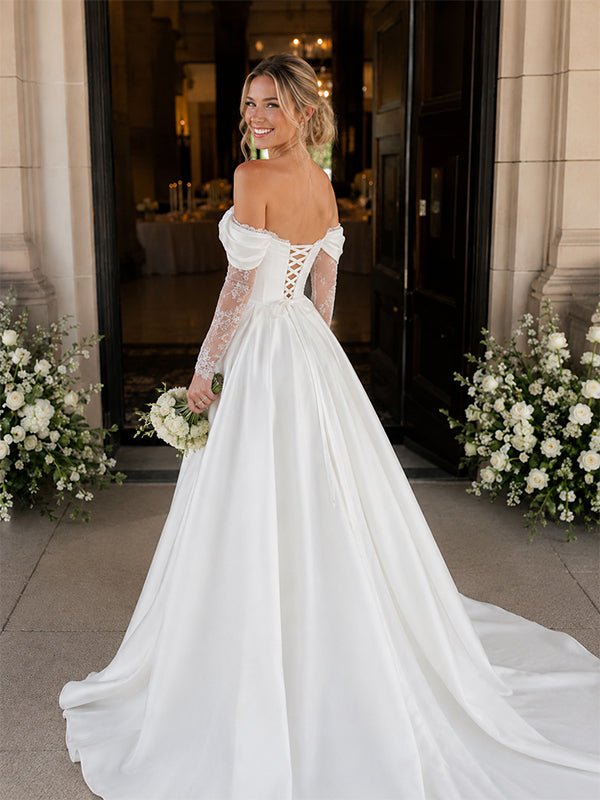 Sexy Off Shoulder Lace Sleeves A-line Floor Length Wedding Dresses, WD0360