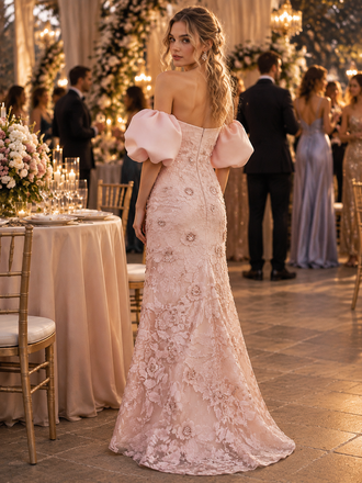 Romantic Dusty Pink Tulle Lace Off Shoulder Puff Sleeve Mermaid Formal Dress,PDS118742