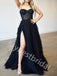 Elegant Spaghetti straps Sweetheart Side slit A-line Long Prom Dress,PDS1096