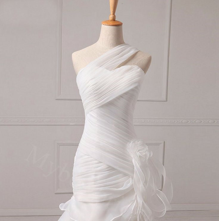 Elegant One shoulder Sleeveless Mermaid Lace applique Wedding Dresses, WDY0346