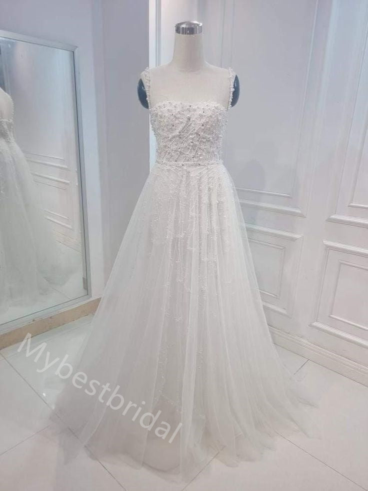 Sparkly Pearl  Square Sleeveless A-line  Wedding Dresses, WDY0340
