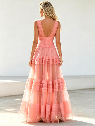 Elegant V-neck Ruffles Tulle Sleeveless A-line Long Prom Party Dress,PDS11824