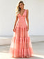 Elegant V-neck Ruffles Tulle Sleeveless A-line Long Prom Party Dress,PDS11824