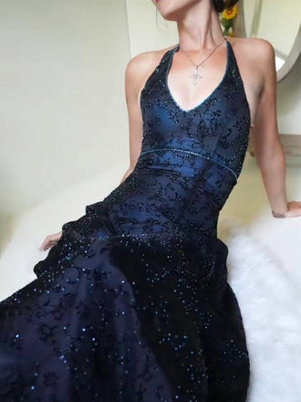 Sexy V-neck Halter Lace Appliques Sleeveless A-Line Long Prom Party Dress,PDS11822