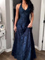 Sexy V-neck Halter Lace Appliques Sleeveless A-Line Long Prom Party Dress,PDS11822