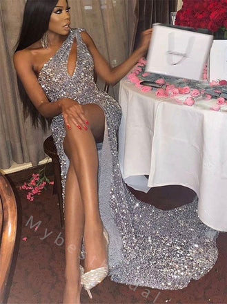 Sexy One Shoulder Side Slit Mermaid Long Prom Dress,PDS11519