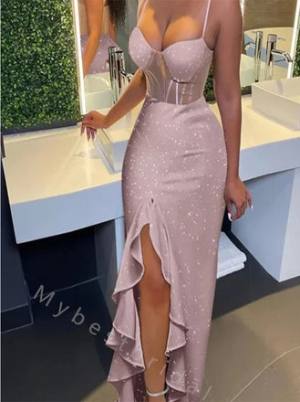 Sparkly V-neck Side Slit Mermaid Long Prom Dress,PDS11538