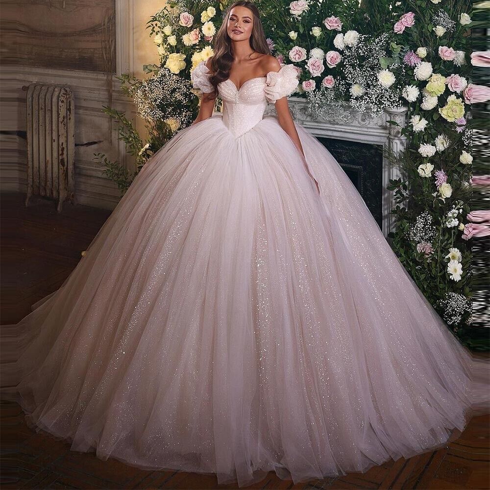 Courtly Style Puff Sleeve Pleating Sequins Tulle Ball Gown Wedding Dresses, WDY0339