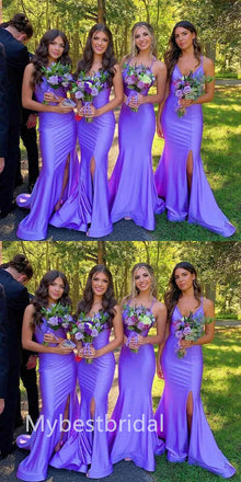 Elegant V-neck Sleeveless Side slit Long Mermaid Bridesmaid Dressess, BDS0310