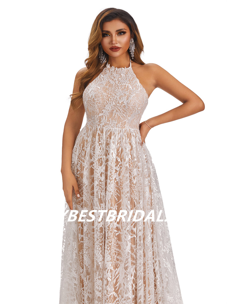 Lvory Lace Chiffon Halter A-line Applique Floor-length Wedding Dresses, WDY0179
