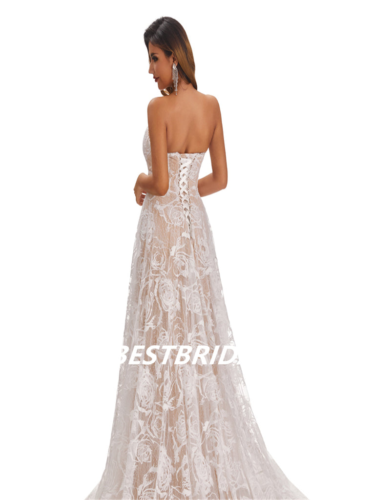 Lvory Lace Chiffon Sweetheart A-line Applique Floor-length Wedding Dresses, WDY0180