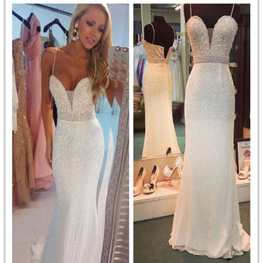 Long White Beaded Spaghetti Straps Mermaid Sexy For Teens Evening Party Dresses. PDY0181