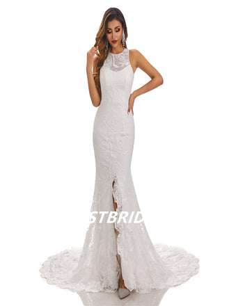 Lvory Lace Sleeveless Mermaid Applique Side slit Wedding Dresses, WDY0181