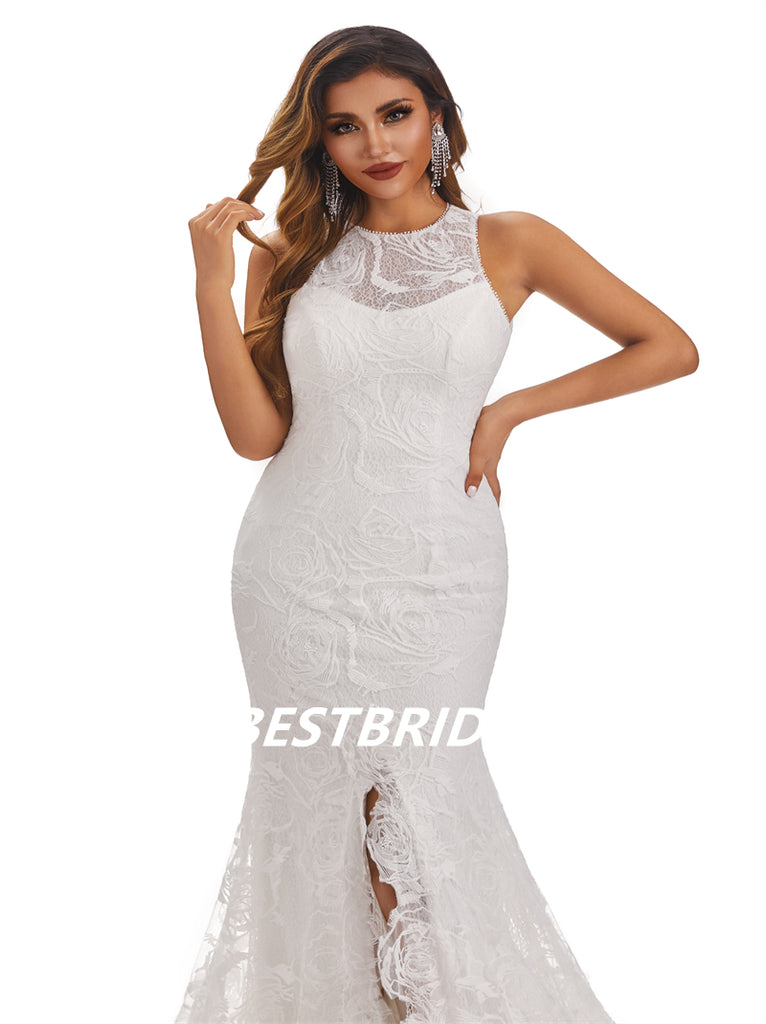 Lvory Lace Sleeveless Mermaid Applique Side slit Wedding Dresses, WDY0181