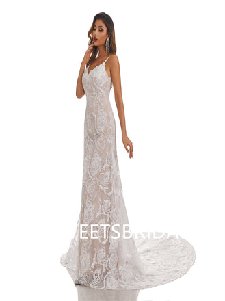 Champagne Mermaid Spaghetti Straps Handmade Lace Wedding Dressess, WDY0182