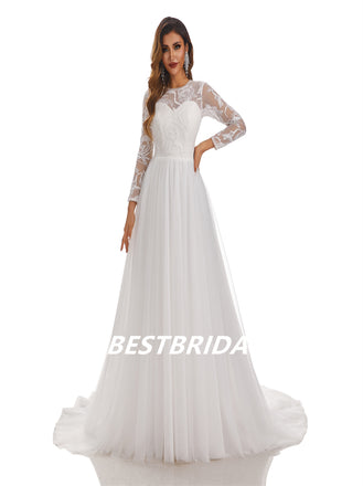 Lvory A-Line Floor-length applique Long Sleeves Handmade Lace Wedding Dressess, WDY0183