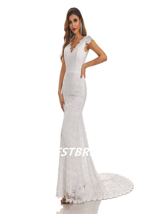 Ivory Mermaid V-Neck Backless Handmade Lace Wedding Dresses, WDY0184