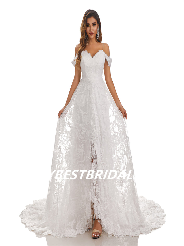 Ivory A-Line Spaghetti Straps Off Shoulder Side Slit Handmade Lace Wedding Dresses, WDY0185