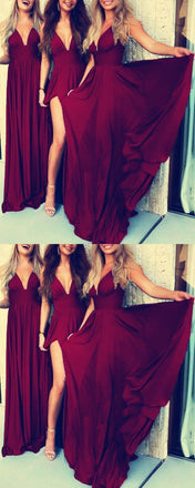 V Neck Side Slit Burgundy Chiffon Cheap Long Bridesmaid Dresses Online, WGY0318