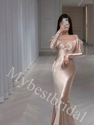 Elegant Off shoulder V-neck Long sleeves Mermaid Long Prom Dress,PDS1028