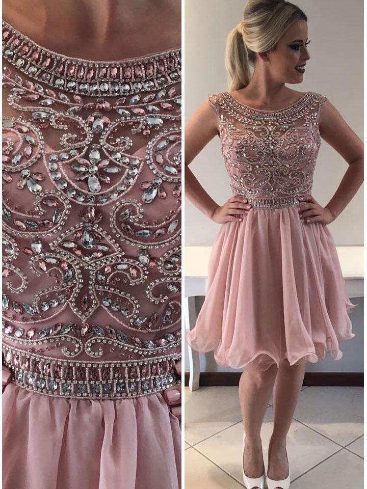 Pink Scoop Rhinestone Beaded Homecoming Dresses 2018, BDY0225
