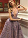 A-line V-neck Purple Lace Evening Dresses,Cheap Prom Dresses,PDY0634