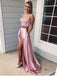 Two Piece A-Line Straps Pink Satin Prom Dress,Cheap Prom Dresses,PDY0532