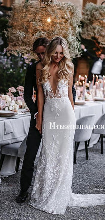 Sexy Deep V-neck Mermaid Tulle Lace Simple Wedding Dresses. WDS0097