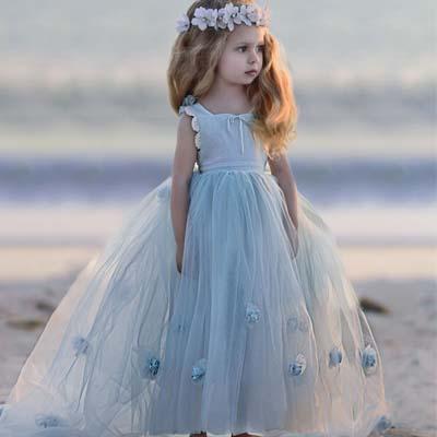A-line Sky Blue Tulle Long Flower Girl Dresses,Cheap Flower Girl Dresses ,FGY0242