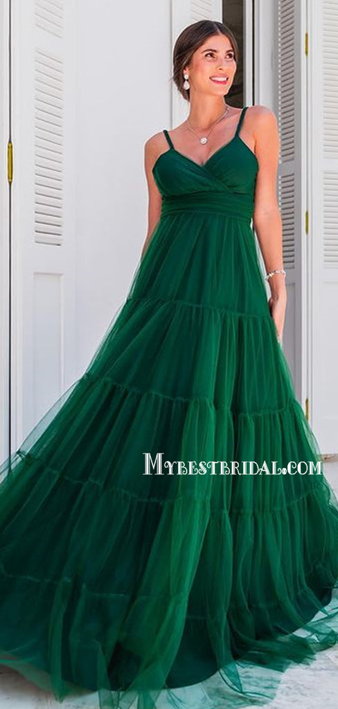 Spaghetti Strap A-line Tulle Simple Long Prom Dresses, PDS0190