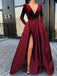 V-Neck Burgundy Long Sleeves Prom Dresses With Split Front,Cheap Prom Dresses,PDY0640