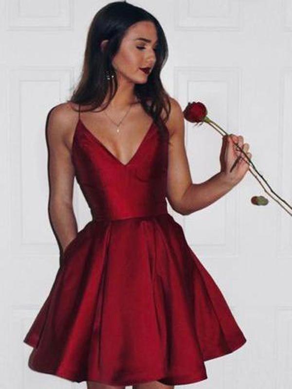 Simple A-Line Spaghetti Straps Short Dark Red Satin Homecoming Dress With Pockets,BDY0313