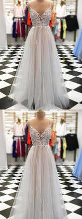 Elegant Spaghetti Strap Floor Length Tulle Lace Prom/Evening Dresses With Beads.PDY0247