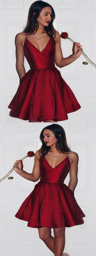 Simple A-Line Spaghetti Straps Short Dark Red Satin Homecoming Dress With Pockets,BDY0313