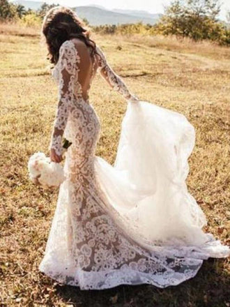 Mermaid V-neck Long Sleeves White Lace Wedding Dresses.Cheap Wedding Dresses, WDY0270