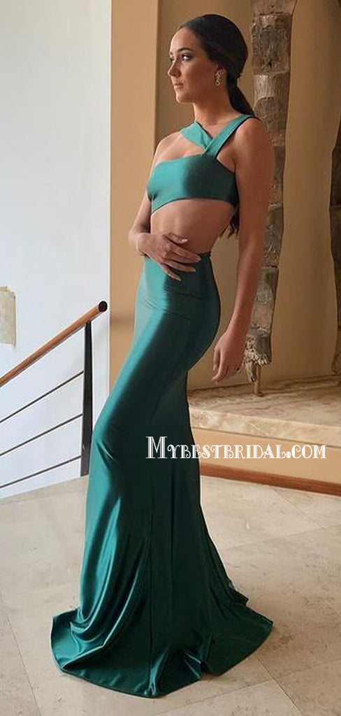 Simple One-shoulder Mermaid Soft Satin Green Long Prom Dresses, PDS0253