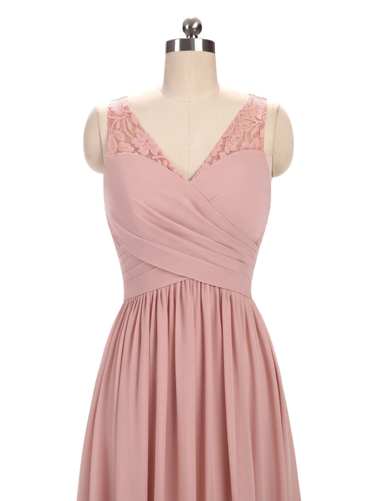 Dusty Pink V Neck Lace Straps Long Chiffon Cheap Bridesmaid Dresses Online, WGY0230