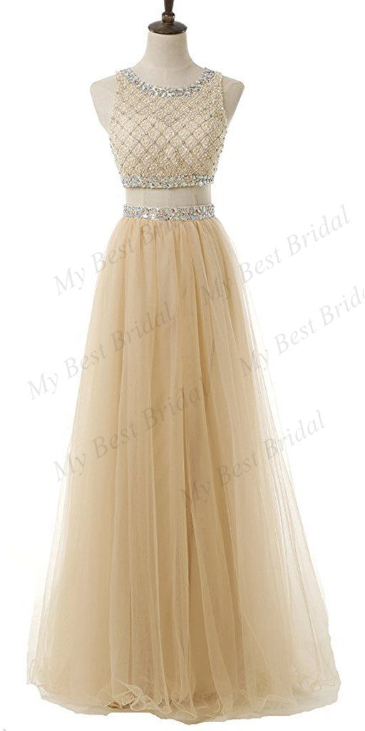 A-line Two Piece Beaded Tulle Evening Dresses ,Cheap Prom Dresses,PDY0587