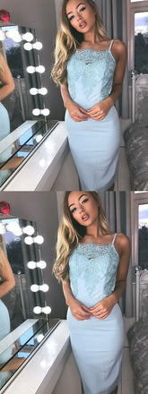 Sheath Blue Satin Homecoming Dress With Lace,Short Prom Dresses,BDY0326