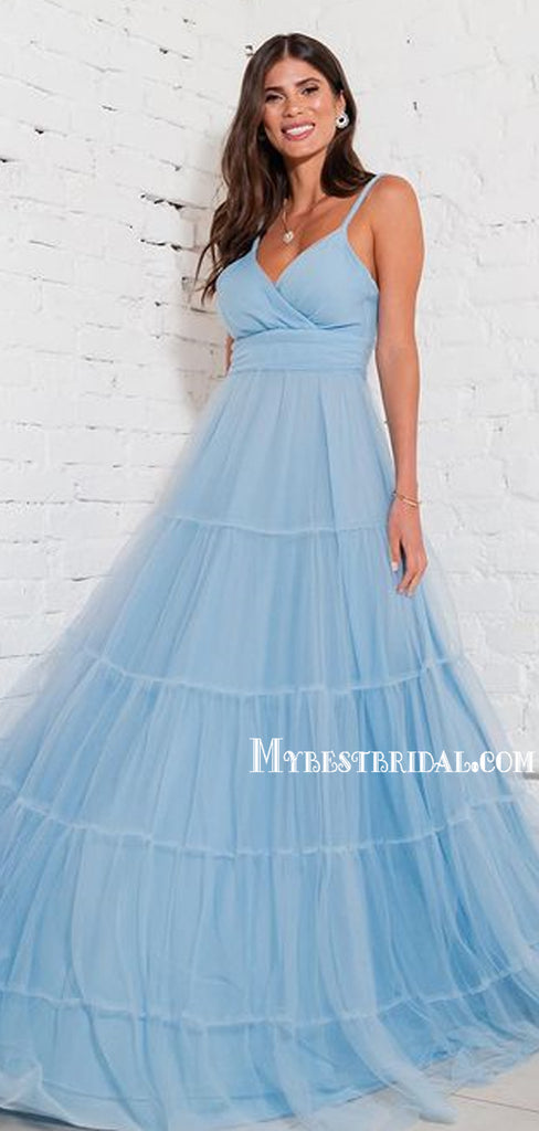 Spaghetti Strap A-line Tulle Simple Long Prom Dresses, PDS0190