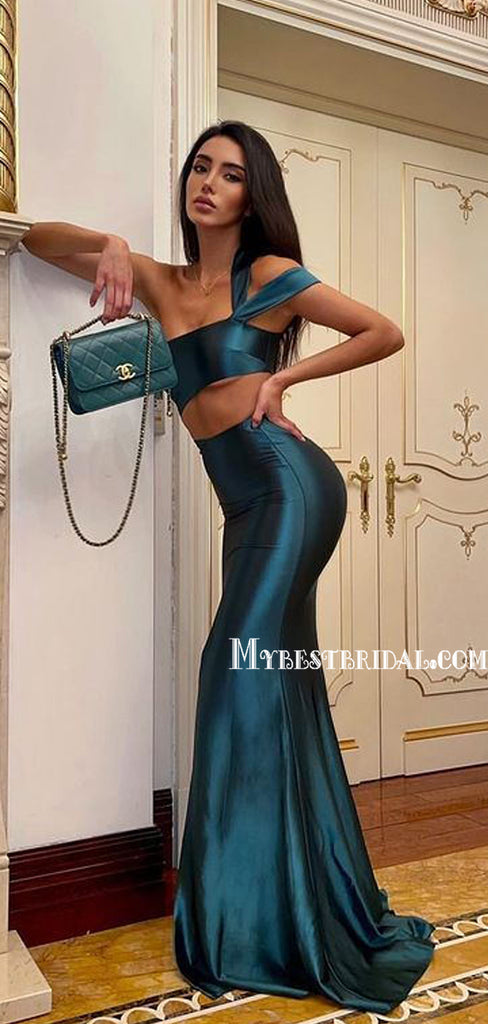 Simple One-shoulder Mermaid Soft Satin Green Long Prom Dresses, PDS0253