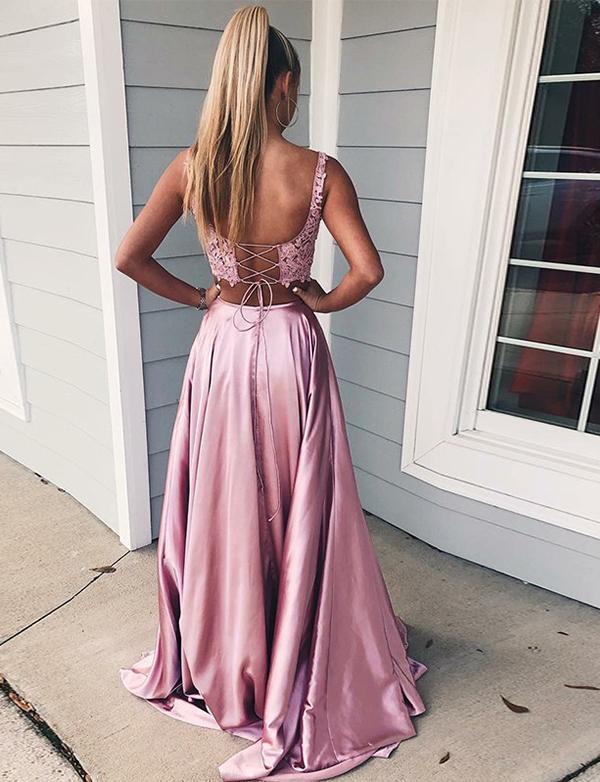 Two Piece A-Line Straps Pink Satin Prom Dress,Cheap Prom Dresses,PDY0532