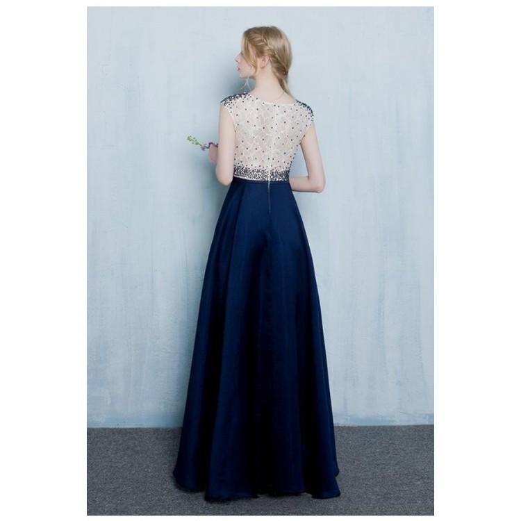 A line Prom Dresses, Blue Prom Dresses, Long Prom Dresses With Beaded/Beading Cap Sleeve Bateau ,PDY0307